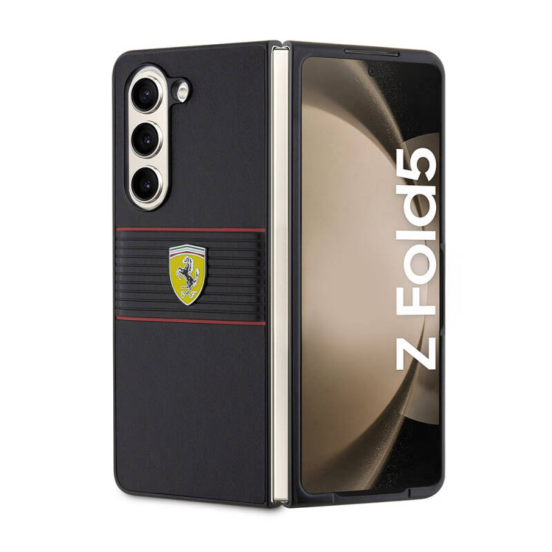 Galaxy Z Fold 5 Kılıf Ferrari Orjinal Lisanslı PU Deri Metal Logolu Multi Çizgili Kapak - 1