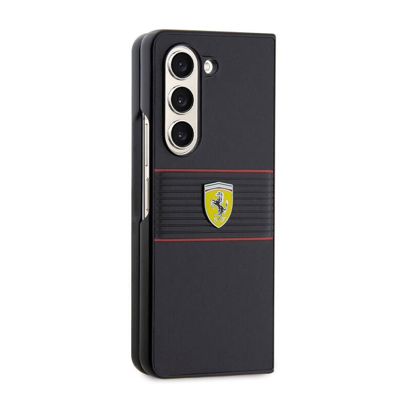 Galaxy Z Fold 5 Kılıf Ferrari Orjinal Lisanslı PU Deri Metal Logolu Multi Çizgili Kapak - 5