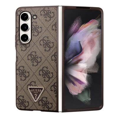 Galaxy Z Fold 5 Kılıf Guess Orjinal Lisanslı PU Deri Taşlı Üçgen Logo 4G Desenli Strass Kapak - Guess