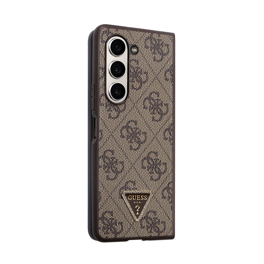 Galaxy Z Fold 5 Kılıf Guess Orjinal Lisanslı PU Deri Taşlı Üçgen Logo 4G Desenli Strass Kapak - Kahverengi