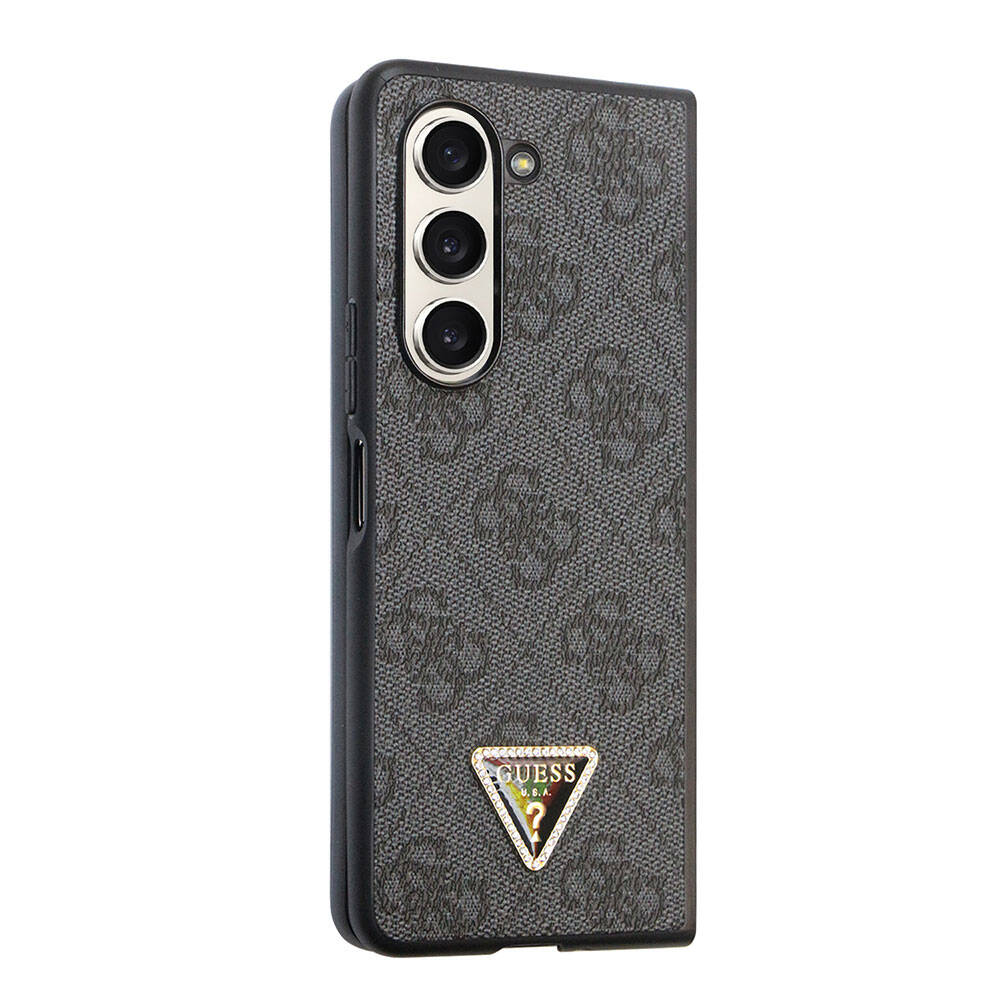 Galaxy Z Fold 5 Kılıf Guess Orjinal Lisanslı PU Deri Taşlı Üçgen Logo 4G Desenli Strass Kapak - Siyah