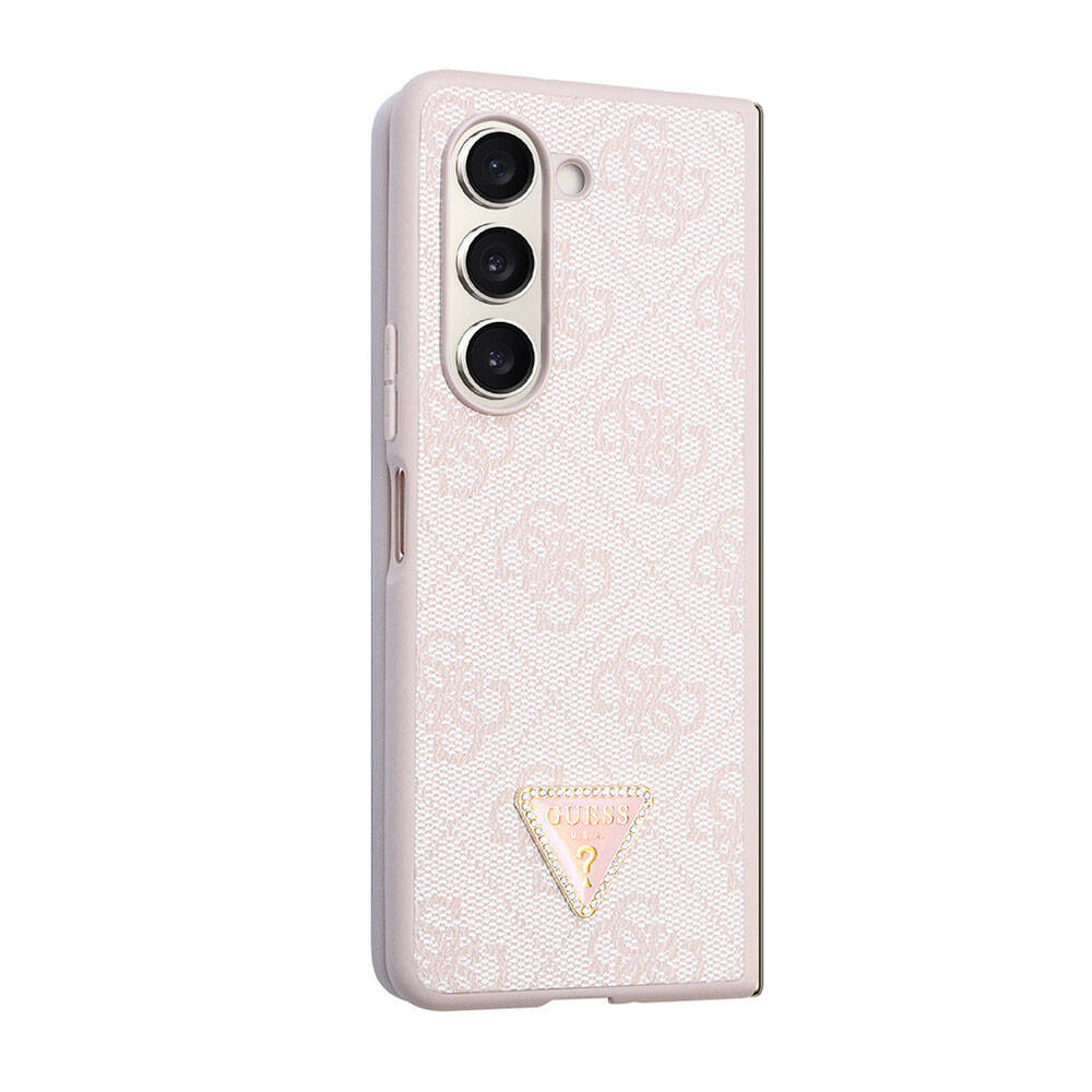 Galaxy Z Fold 5 Kılıf Guess Orjinal Lisanslı PU Deri Taşlı Üçgen Logo 4G Desenli Strass Kapak - Pembe