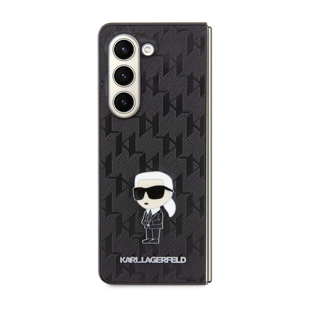 Galaxy Z Fold 5 Kılıf Karl Lagerfeld Orjinal Lisanslı KL Desenli Karl İkonik Saffiano Kapak - Siyah