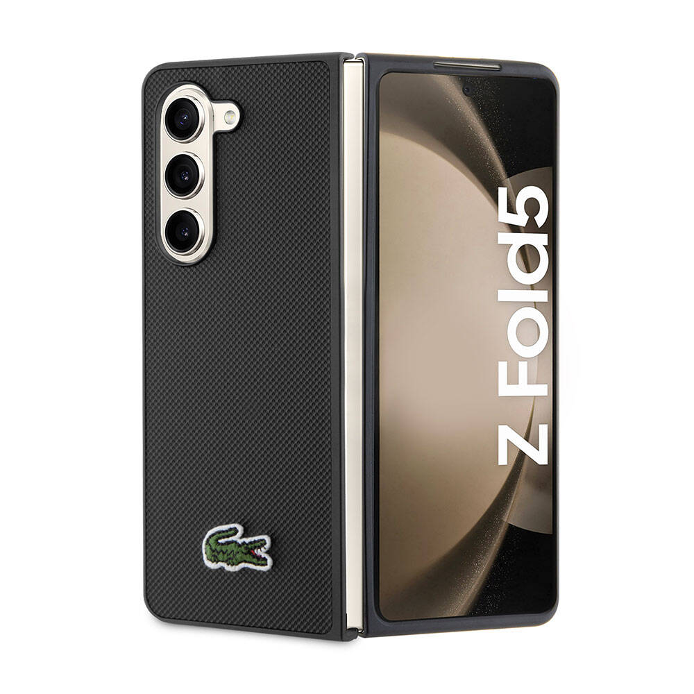 Galaxy Z Fold 5 Kılıf Lacoste Orjinal Lisanslı PU Pike Desenli Arka Yüzey İkonik Timsah Dokuma Logolu Kapak - Siyah