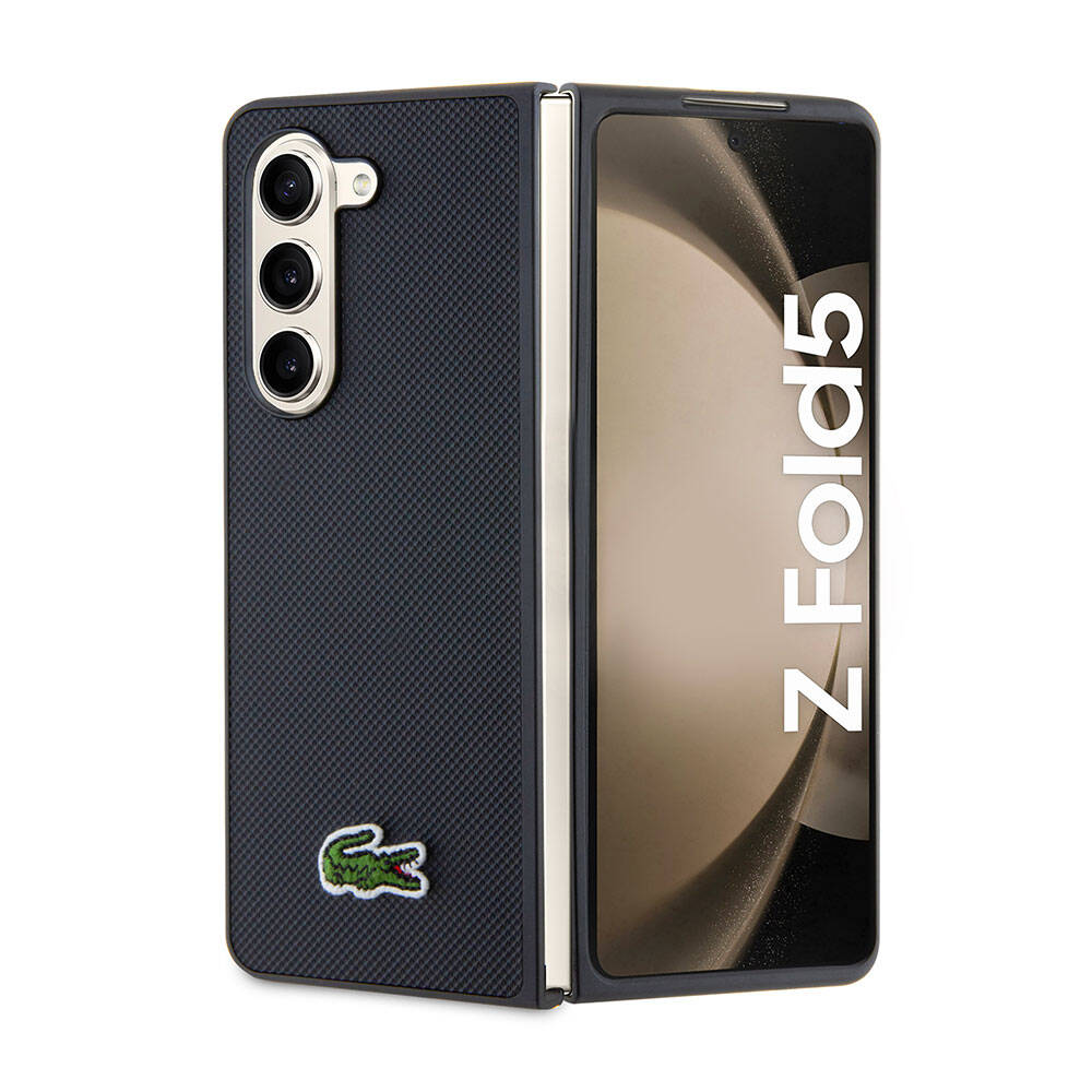 Galaxy Z Fold 5 Kılıf Lacoste Orjinal Lisanslı PU Pike Desenli Arka Yüzey İkonik Timsah Dokuma Logolu Kapak - Lacivert