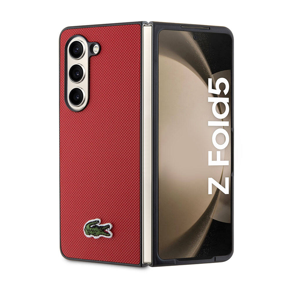 Galaxy Z Fold 5 Kılıf Lacoste Orjinal Lisanslı PU Pike Desenli Arka Yüzey İkonik Timsah Dokuma Logolu Kapak - Kırmızı