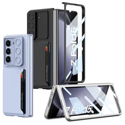 Galaxy Z Fold 5 Suni Deri Arka Yüzey Sürgülü Kamera Korumalı Zore Kartlıklı Kıpta Silikon Kapak - 2