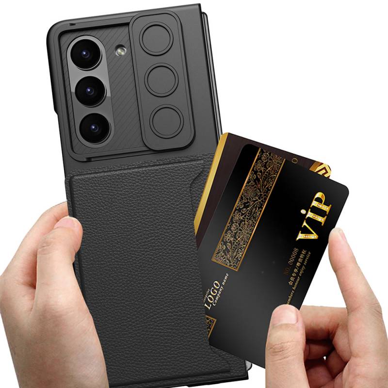 Galaxy Z Fold 5 Suni Deri Arka Yüzey Sürgülü Kamera Korumalı Zore Kartlıklı Kıpta Silikon Kapak - 5