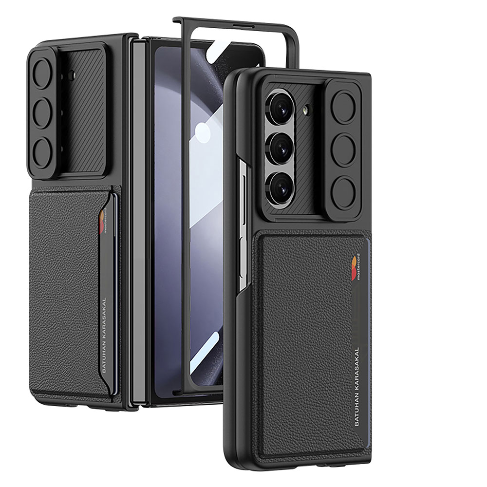 Galaxy Z Fold 5 Suni Deri Arka Yüzey Sürgülü Kamera Korumalı Zore Kartlıklı Kıpta Silikon Kapak - Siyah