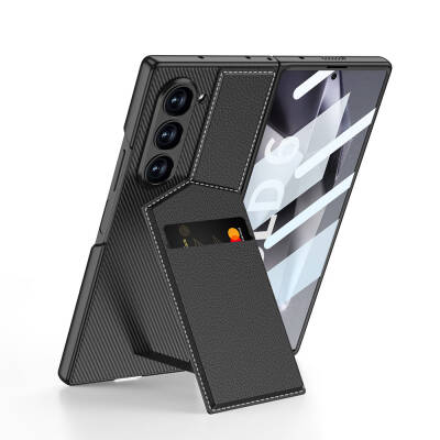 Galaxy Z Fold 6 Case Carbon Fiber Leather Card Holder Zore Kipta Vertical Opening Card Holder Cover - GKK