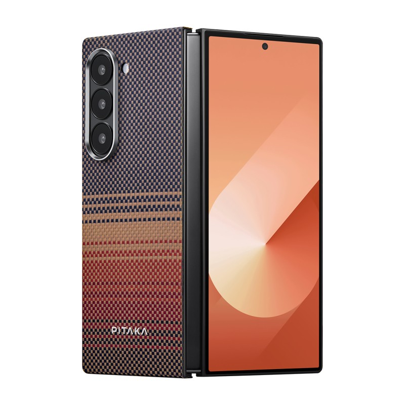 Galaxy Z Fold 6 Kılıf M-safe Şarj Özellikli Aramid Karbon Fiber Pitaka Tactile Woven Sunset-Moonrise Serisi Sunset Kapak - 3
