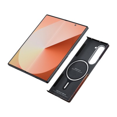 Galaxy Z Fold 6 Kılıf M-safe Şarj Özellikli Aramid Karbon Fiber Pitaka Tactile Woven Sunset-Moonrise Serisi Sunset Kapak - 7