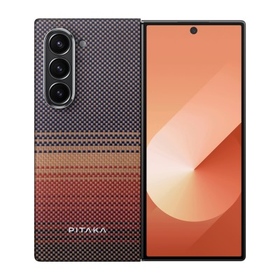 Galaxy Z Fold 6 Kılıf M-safe Şarj Özellikli Aramid Karbon Fiber Pitaka Tactile Woven Sunset-Moonrise Serisi Sunset Kapak - 2