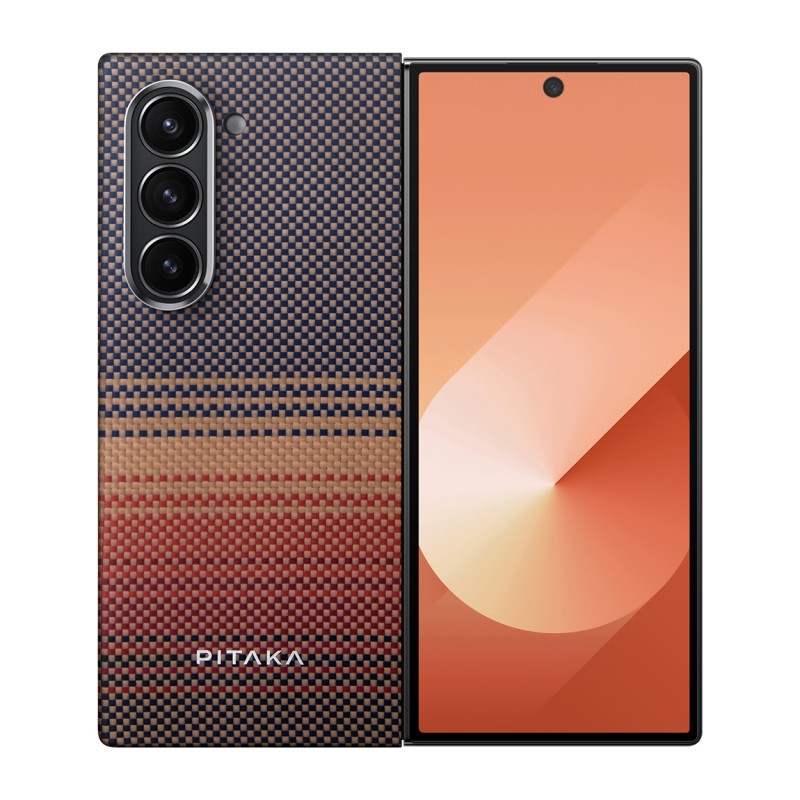 Galaxy Z Fold 6 Kılıf M-safe Şarj Özellikli Aramid Karbon Fiber Pitaka Tactile Woven Sunset-Moonrise Serisi Sunset Kapak - 2