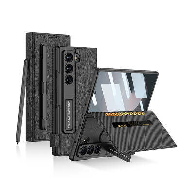 Galaxy Z Fold 6 Suni Deri Tasarımlı Kalem Bölmeli Zore Kıpta Kartlıklı Standlı Kapak - GKK