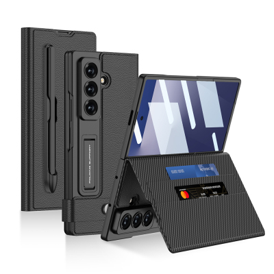 Galaxy Z Fold 7 Faux Leather Design Pen Compartment Zore Card Holder Stand Cover - GKK