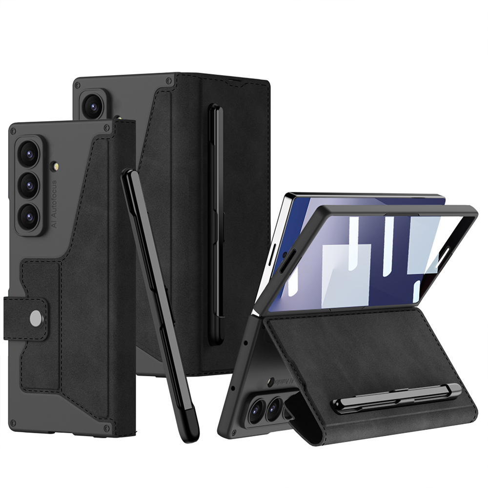 Galaxy Z Fold 7 Kılıf Kamera Korumalı Kadife Tasarımlı Zore Kıpta Kalem Bölmeli Fest Kapak - Siyah