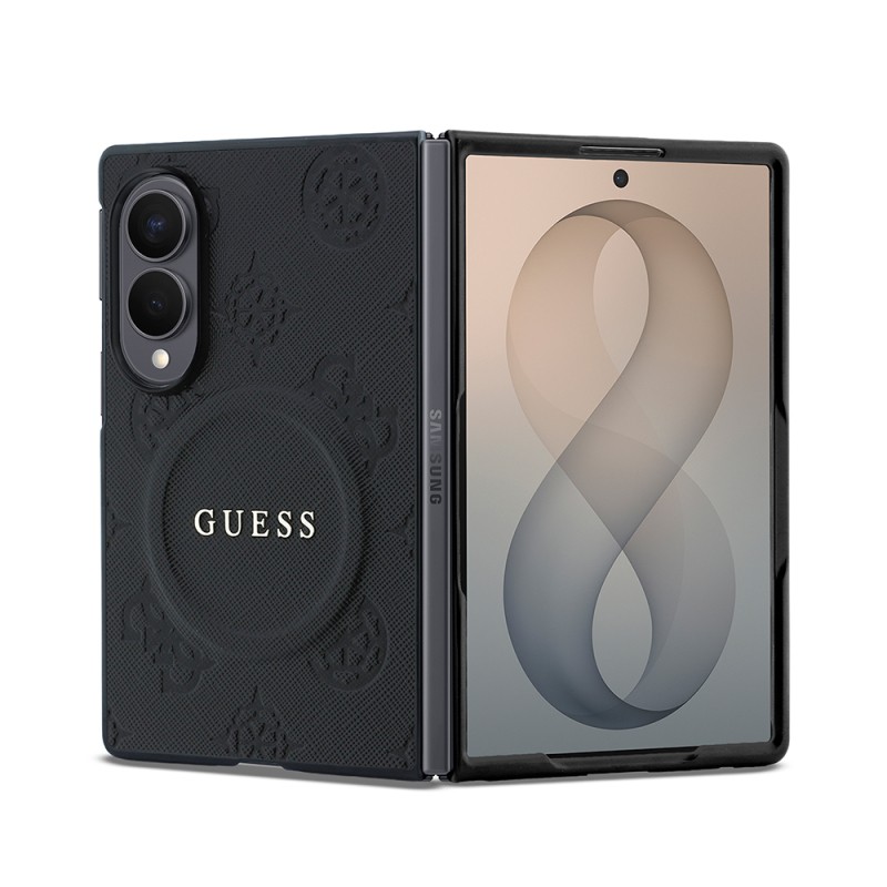 Galaxy Z Fold 8 Case Guess Original Licensed M-Safe Charging Feature Peony Hot Stamp Classic Script Logo Saffiano Cover - 1