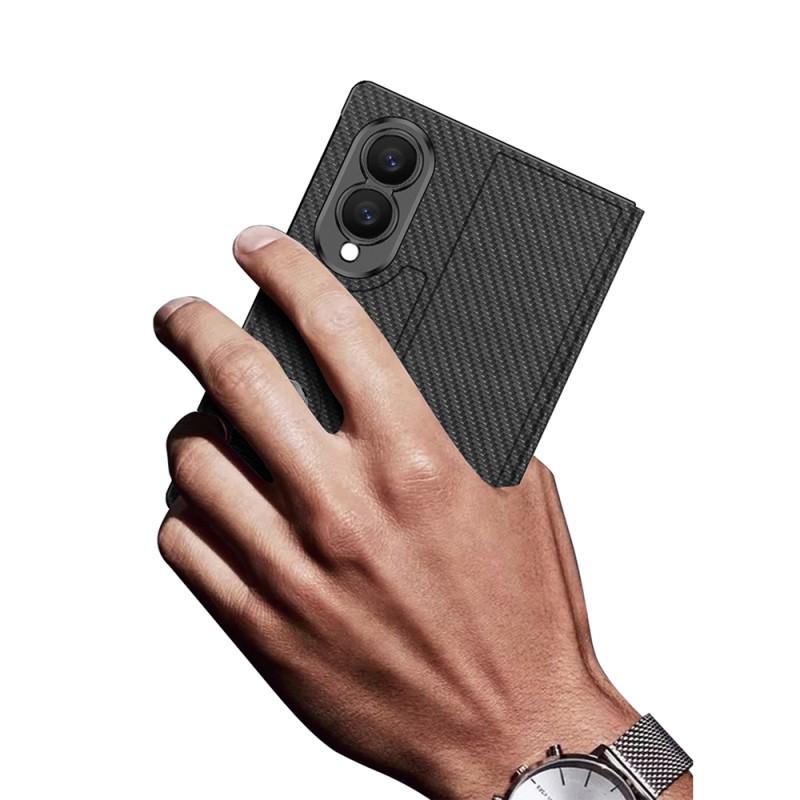 Galaxy Z Fold 8 Kılıf Karbon Fiber Tasarımlı Magnetik Tokalı Kartlıklı Zore Kıpta Zegna Kapak - 11