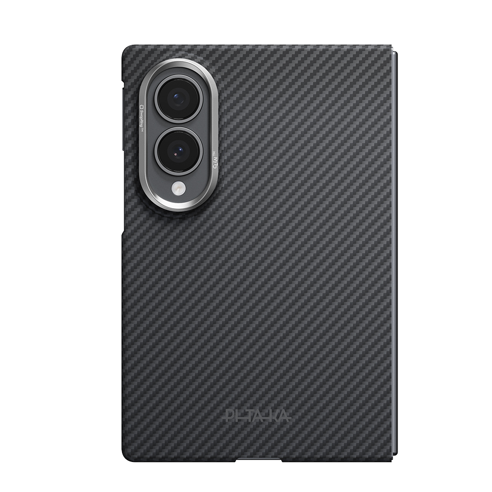 Galaxy Z Fold 8 Kılıf M-safe Şarj Özellikli 600D Aramid Karbon Fiber Pitaka Edge Serisi Black-Grey Twill Kapak - Siyah-Gri