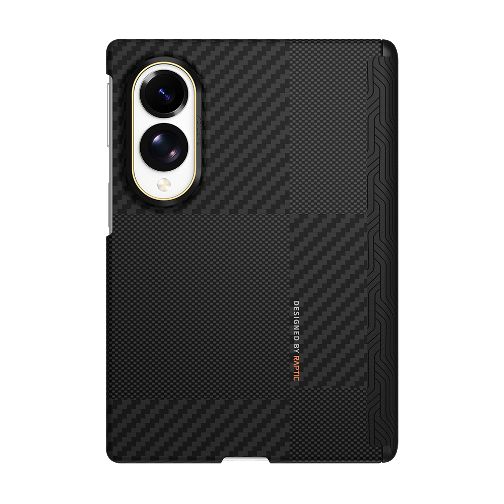Galaxy Z Fold 8 Kılıf M-safe Şarj Özellikli Metal Kamera Çerçeveli Raptic Aramid SkinPro Serisi Karbon Kapak - Siyah-Gri