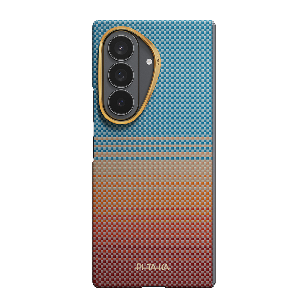 Galaxy Z Fold 8 Ultra Kılıf M-safe Şarj Özellikli Aramid Karbon Fiber Pitaka Sunset 2.0 California Dream Serisi Kapak - Mavi-Kahverengi