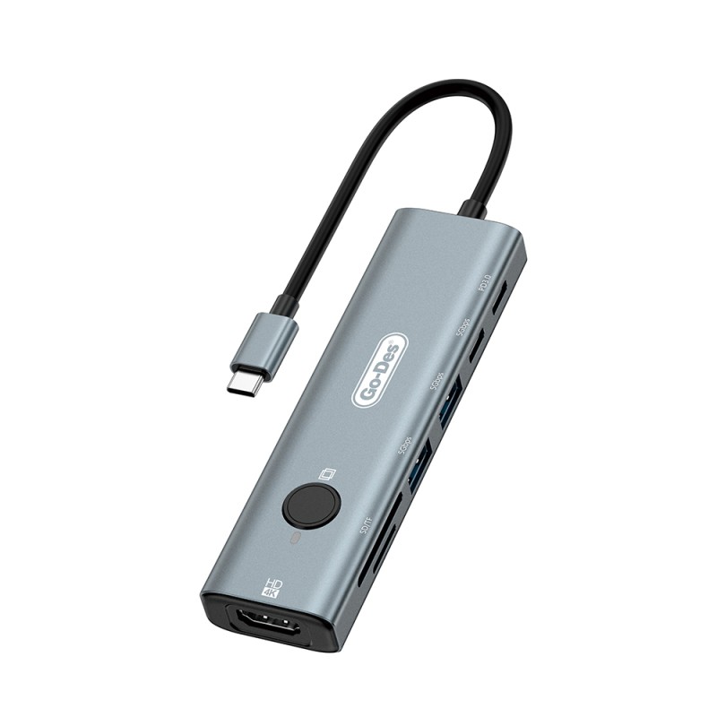 Go Des GD-6910 Type-C Bağlantılı 7in1 Hub Adaptör USB 5gbps/Hdmi/PD 3.0/3.5mm/4K Ultra HD - 1