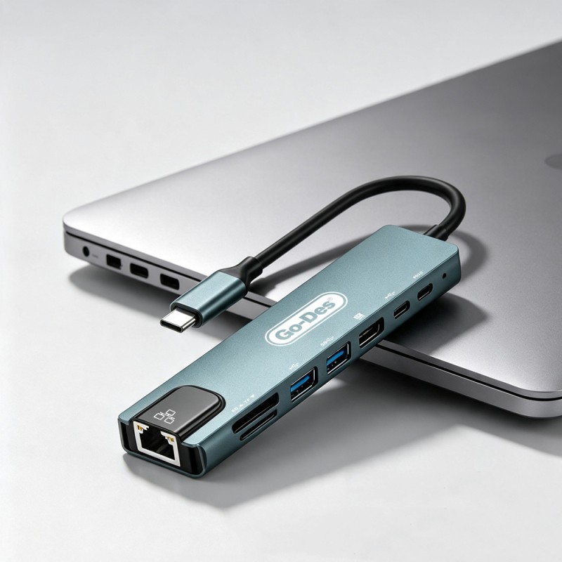 Go Des GD-9230 Type-C Bağlantılı 8in1 USB3.0 + PD + Hdmi 4K Ultra HD + RJ45 + SD/TF Bağlantılı Hub Adaptör - 3