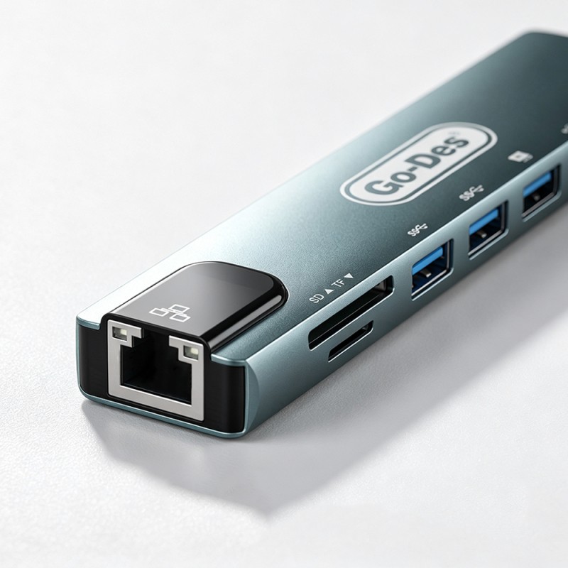 Go Des GD-9230 Type-C Bağlantılı 8in1 USB3.0 + PD + Hdmi 4K Ultra HD + RJ45 + SD/TF Bağlantılı Hub Adaptör - 5