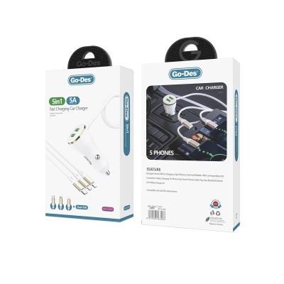 Go Des GD-CC202 5 in 1 5A Hızlı Şarj Çift USB-A ve Micro Type-C Lightning Kablolu Araç Şarj Aleti - Thumbnail