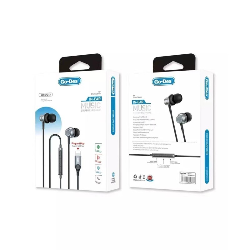 Go Des GD-EP313 Earbuds Wired Lightning Plug and Play Stereo Headphones - 3
