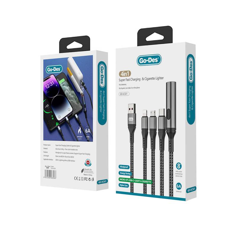 Go Des GD-UC321 4in1 Lightning – Type-C – Micro USB Ultra Hızlı Şarj Kablosu + Çakmak - 3