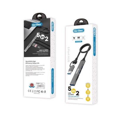 Go Des GD-UC707 USB3.0 + USB2.0 + SD/TF Bağlantılı Type-C USB-A 5in2 Hub - 2