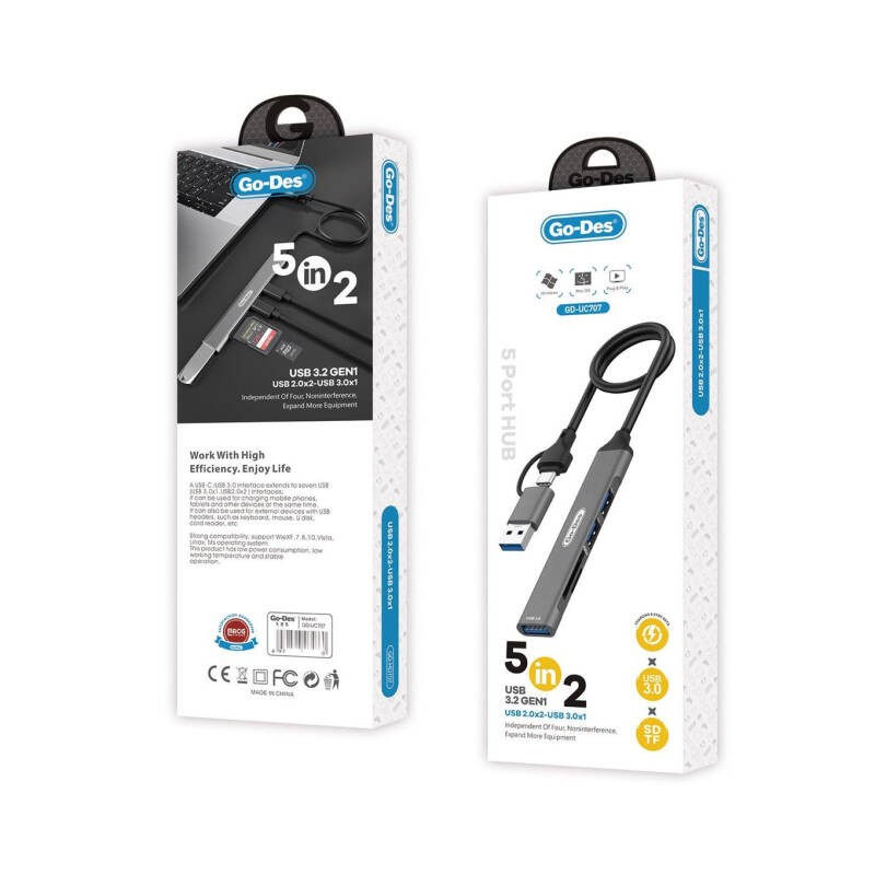 Go Des GD-UC707 USB3.0 + USB2.0 + SD/TF Bağlantılı Type-C USB-A 5in2 Hub - 2