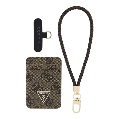 Guess Original Licensed 2-in-1 Wrist Strap Cord 4G Patterned Metal Triangle Logo Magnetic Card Holder - Guess