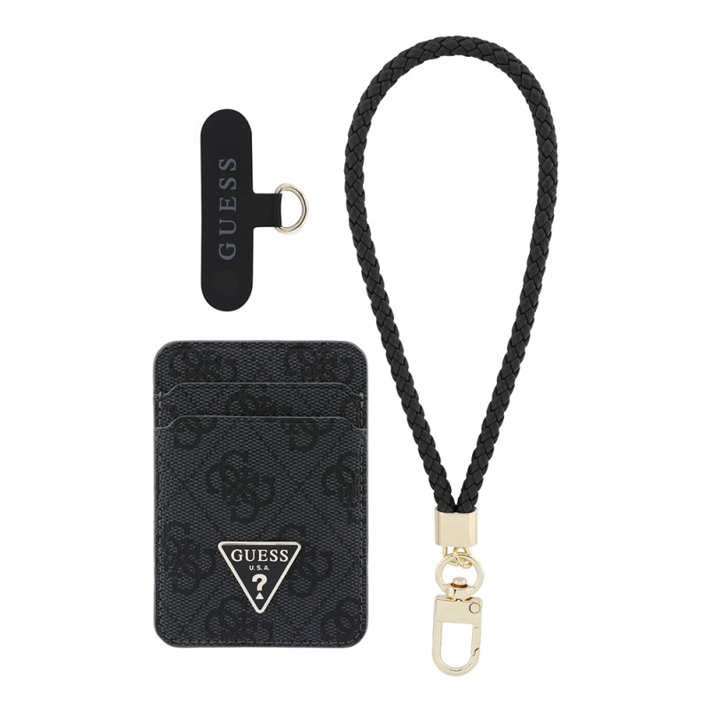 Guess Original Licensed 2-in-1 Wrist Strap Cord 4G Patterned Metal Triangle Logo Magnetic Card Holder - 2