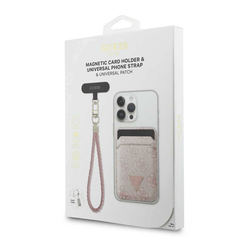 Guess Original Licensed 2-in-1 Wrist Strap Cord 4G Patterned Metal Triangle Logo Magnetic Card Holder - 18