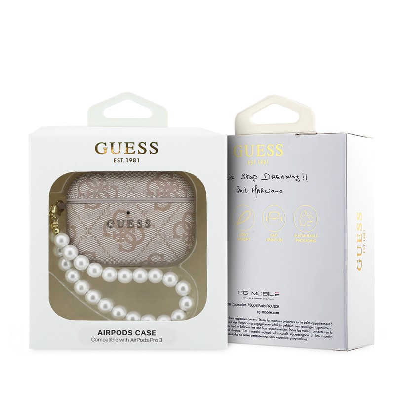 Guess Original Licensed 4G Apple AirPods Pro 3 Case with Pearl Pattern and Wrist Strap - 13