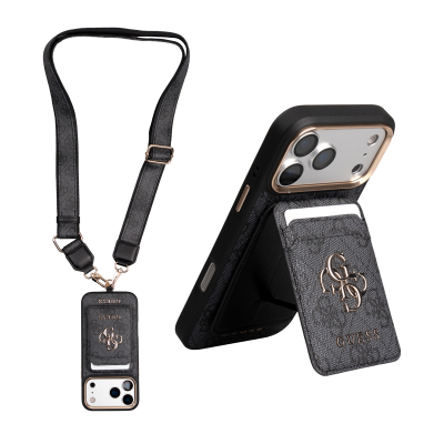 Guess Original Licensed 4G Case with Logo and Text for Apple iPhone 17 Pro + Card Holder + Lanyard 3-in-1 Accessory Set - Guess