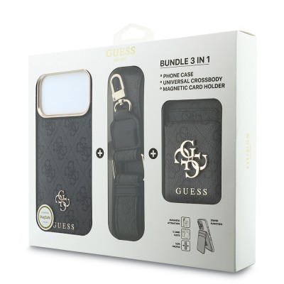 Guess Original Licensed 4G Case with Logo and Text for Apple iPhone 18 Pro + Card Holder + Lanyard 3-in-1 Accessory Set - 23
