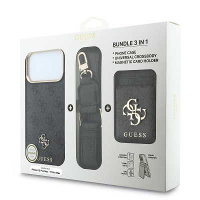 Guess Original Licensed 4G Case with Logo and Text for Apple iPhone 18 Pro Max + Card Holder + Lanyard 3-in-1 Accessory Set - 23
