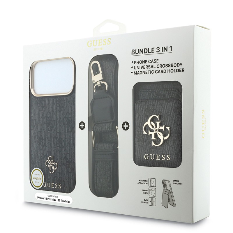 Guess Original Licensed 4G Case with Logo and Text for Apple iPhone 18 Pro Max + Card Holder + Lanyard 3-in-1 Accessory Set - 23