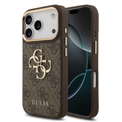 Guess Original Licensed Gold Metal Camera Frame Case with 4G Design and Large Metal Logo and Text - Apple iPhone 18 Pro Cover - 3