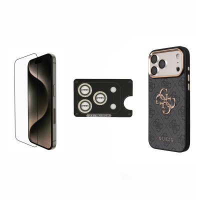 Guess Original Licensed Large 4G and Text Logo Case + Screen Protector + Lens Protector 3-in-1 Accessory Set for Apple iPhone 17 Pro. - Guess