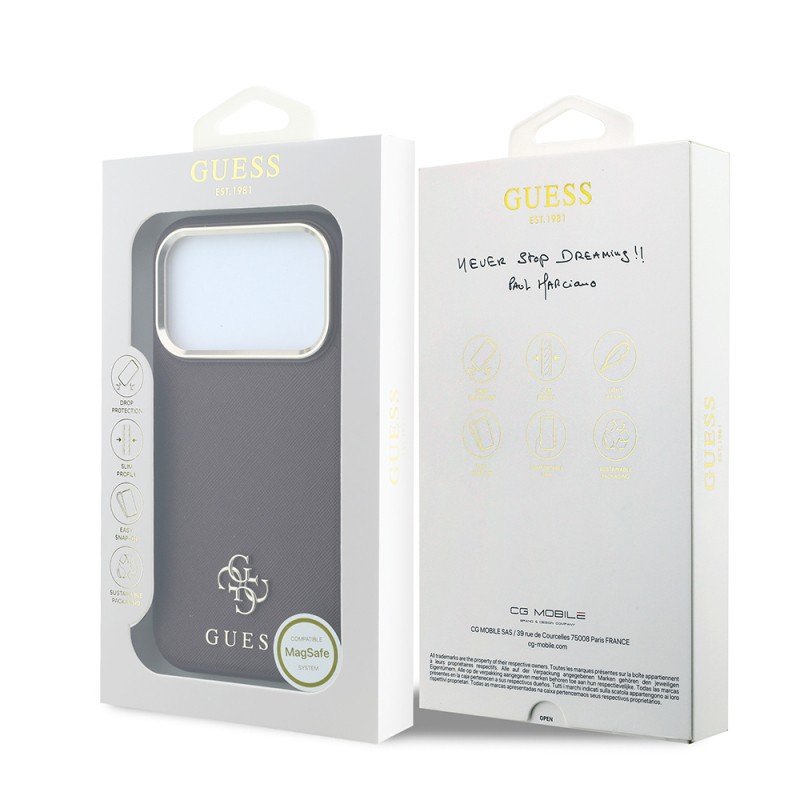 Guess Original Licensed M-safe Apple iPhone 18 Pro Case with Charging Feature, Classic Text and 4G Logo, PU Leather Saffiano Cover - 11