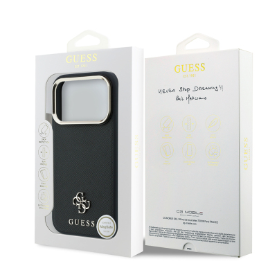 Guess Original Licensed M-safe Apple iPhone 18 Pro Case with Charging Feature, Classic Text and 4G Logo, PU Leather Saffiano Cover - 32