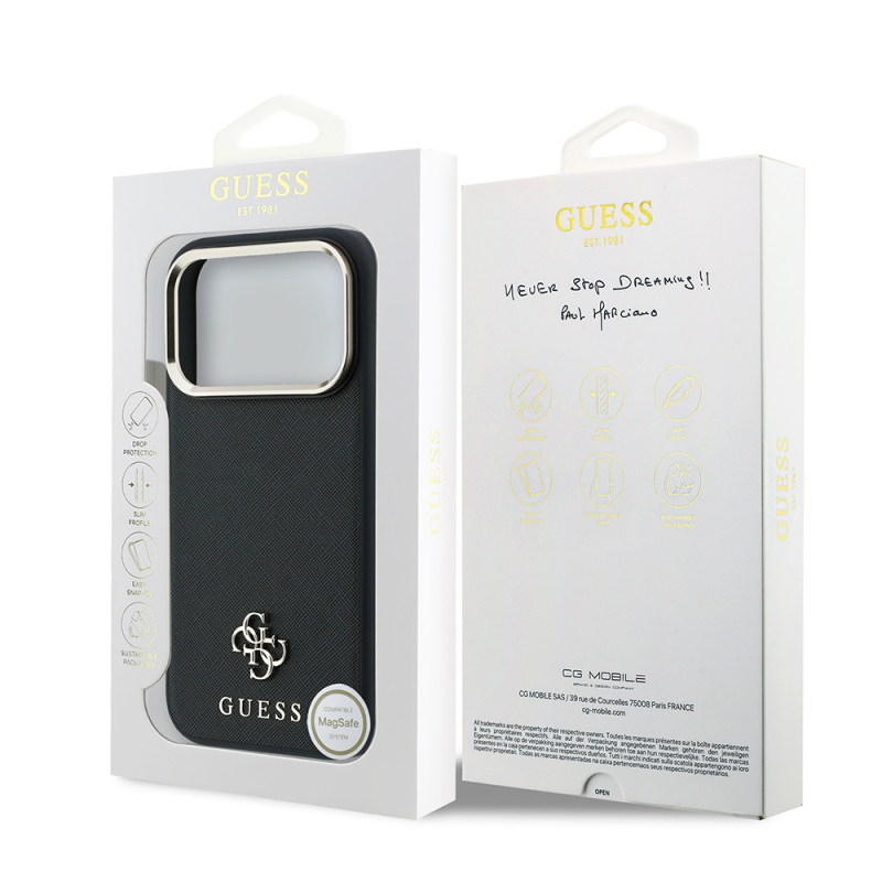 Guess Original Licensed M-safe Apple iPhone 18 Pro Case with Charging Feature, Classic Text and 4G Logo, PU Leather Saffiano Cover - 32