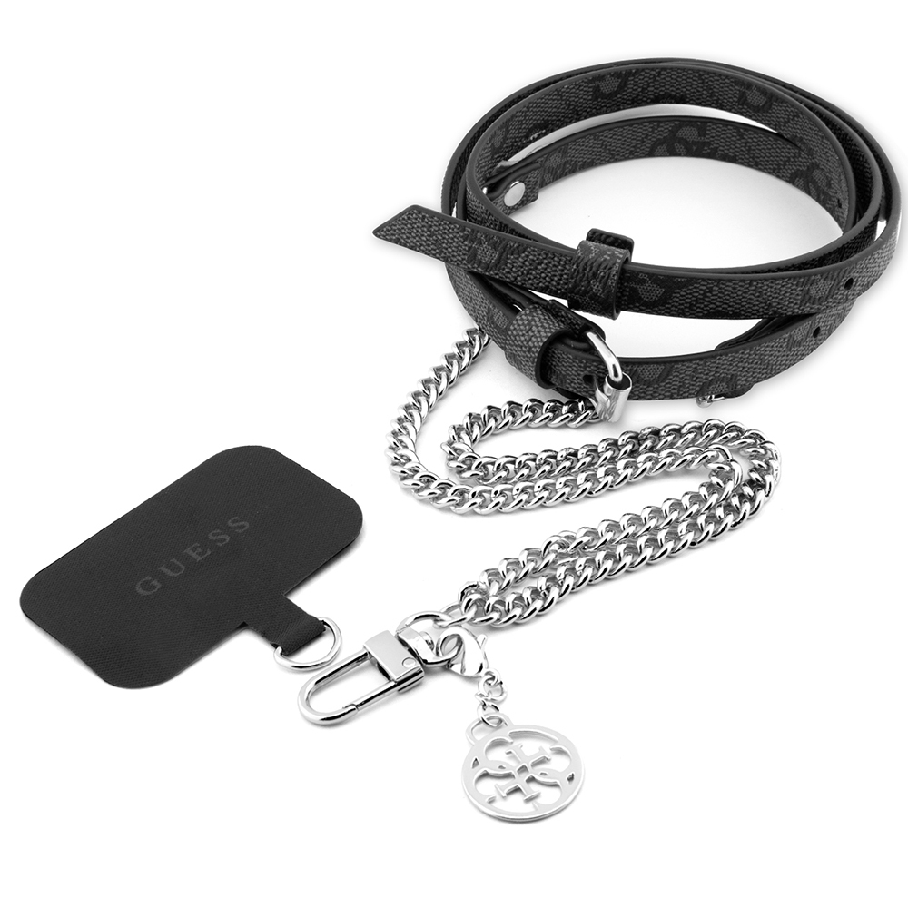 Guess Orjinal Lisanslı 4G Desenli Zincirli 4G Metal Logolu Çapraz Vücut PU Telefon Askı Kayışı - Siyah