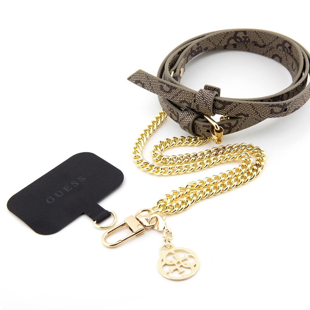 Guess Orjinal Lisanslı 4G Desenli Zincirli 4G Metal Logolu Çapraz Vücut PU Telefon Askı Kayışı - Kahverengi