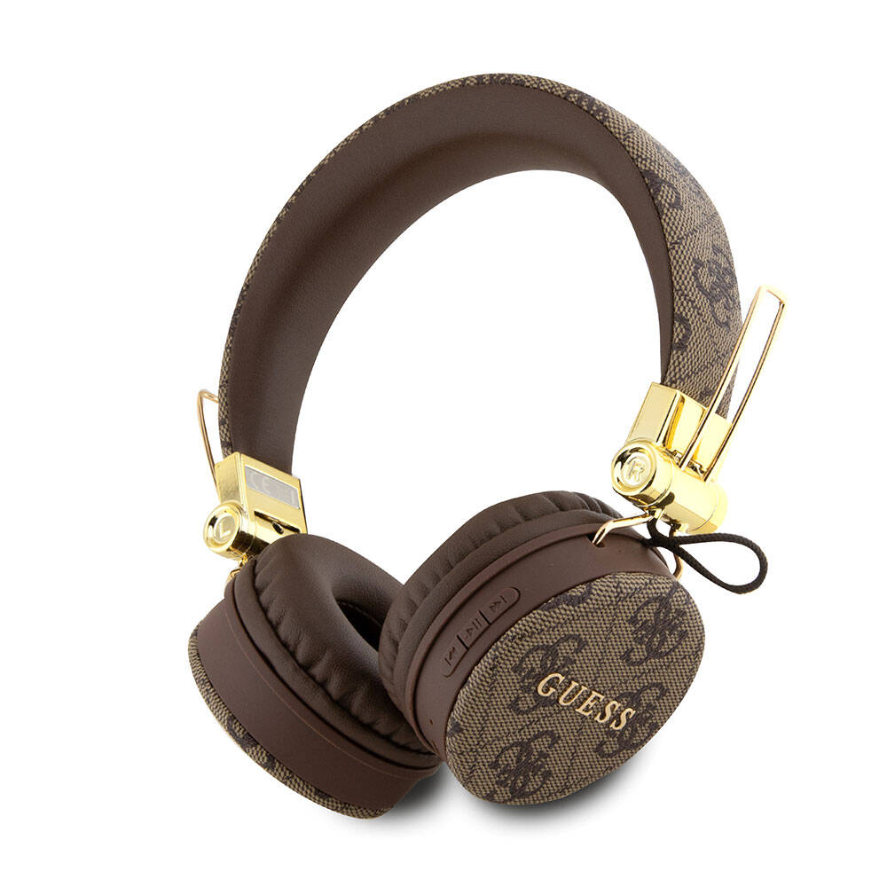 Guess Orjinal Lisanslı 4G Metal Logo PU Deri Ayarlanabilir Kulak Üstü Bluetooth Kulaklık - Kahverengi